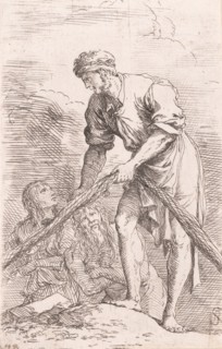 A man pulling a net with two figures behind him, from the series 'Figurine', ca. 1656-1657.