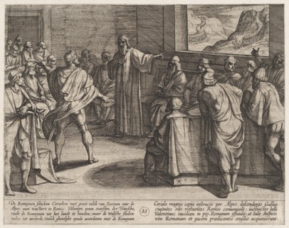 Plate 23: Conference on What Steps to Take Upon the Romans' New Troops Approaching Across the Alps, from The War of the Romans Against the Batavians (Romanorvm et Batavorvm societas), 1611.