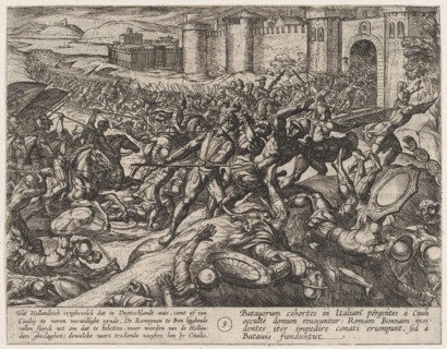 Plate 9: The Romans Defeated by the Dutch Troops at Bonna, from The War of the Romans Against the Batavians (Romanorvm et Batavorvm societas), 1611.