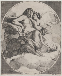 Jupiter and Juno seated on clouds, with an eagle holding thunderbolts below at left, 1631.