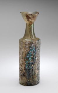 Yellow-Green Hexagonal Glass Bottle with a Stylite Saint, Byzantine, mid-5th-7th century.