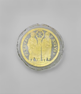 Bowl Base with Saints Peter and Paul Flanking a Column with the Christogram of Christ, Byzantine, late 4th century.