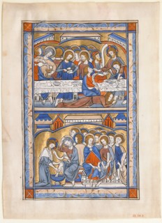 Manuscript Leaf with the Last Supper and the Washing of the Apostles? Feet Leaf, from a Royal Psalter, British, ca. 1250-70.
