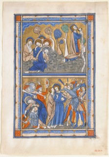 Manuscript Leaf with the Agony in the Garden and Betrayal of Christ, from a Royal Psalter, British, ca. 1270. Psalter  made for an English monarch, probably Queen Eleanor of Provence (ca. 1223-1291),