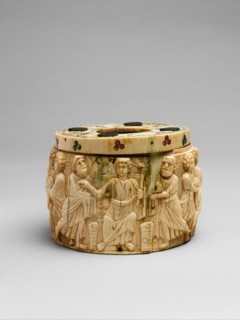 Pyxis with the Miracle of Christ?s Multiplication of the Loaves, Byzantine, 6th century. Christ is flanked by Saints Peter and Paul.
