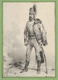 Standing soldier with his jacket on one shoulder, mid-19th century.
