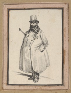 Man wearing a coat and a hat with a cane under his arm, mid-19th century.