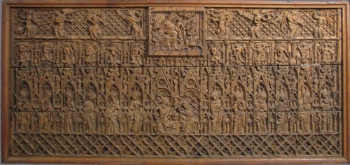 Altar Frontal, British, late 14th century. The Epiphany, or Adoration of the magi (above), and the Coronation of the Virgin (below), with twelve apostles standing to either side among angels.