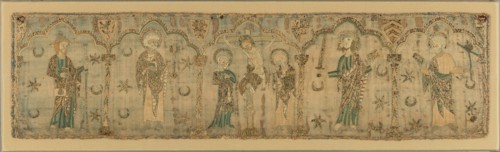 Crucifixion flanked by Saints, British, ca. 1270 (probably before 1272). Crucifixion of Jesus witnessed by Saint John, the Virgin, and saints James the Greater (with a satchel), Peter (with a key), Pa...