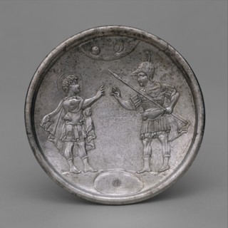 Plate with David's Confrontation with Eliab, Byzantine, 629-630.  Eliab, accusing David of neglecting his duty as a shepherd to watch the battle with Goliath (1 Samuel 17:28-30).