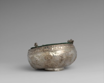 The Attarouthi Treasure - Censer, Byzantine, 500-650. Saint and crosses. Inscribed in Greek.