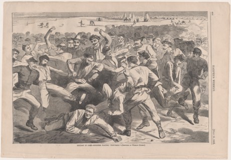 Holiday in Camp - Soldiers Playing "Foot-Ball" - Sketched by Winslow Homer (Harper's Weekly, Vol. IX), July 1865.