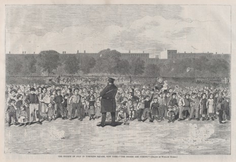 The Fourth of July in Tompkins Square, New York - "The Sogers Are Coming" (Harper..., July 11, 1868. Creator: Unknown.