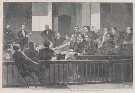 Jurors Listening to Counsel, Supreme Court, New York City Hall, New York (Harper's Weekly, Vol. VIII), February 20, 1869.