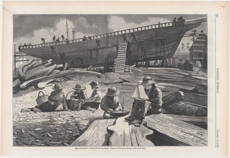 Ship-Building, Gloucester Harbor (Harper's Weekly, Vol. XVII), October 11, 1873.