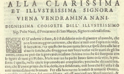 Corona delle Nobili et Virtuose Donne: Libro I-IV, page 2 (recto), 1601. [Dedication to Viena Vendramina Nani, consort of Polo Nani, procurator of San Marco].