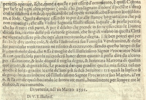 Corona delle Nobili et Virtuose Donne: Libro I-IV, page 2 (verso), 1601.