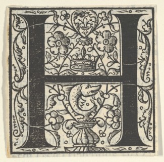 Initial letter H with dolphin and crown, mid-16th century.