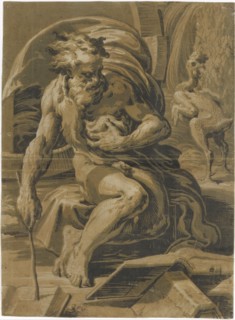 Diogenes, seated before his barrel, reading from a book, a plucked hen standing behind him at right, ca. 1527-30.