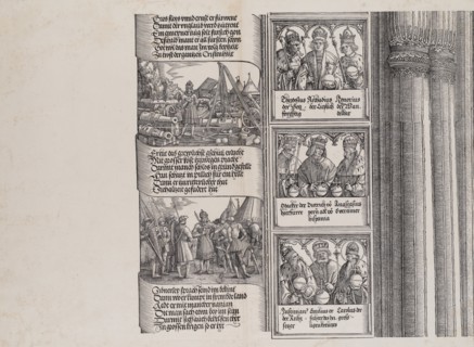 Maximilian as Commander-in-Chief; and Maximilian Conversing in Seven Languages; with Portraits of Emperors and Kings (Maximilian's Forerunners), from the Arch of Honor, proof, dated 1515, printed 1517...