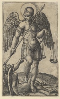 Saint Michael holding scales and a lance