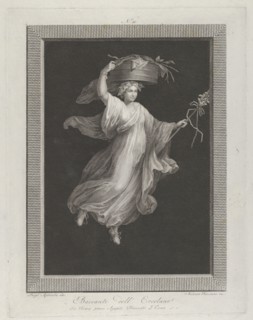 A bacchante carrying a large basket on her head and holding a staff in her le...
