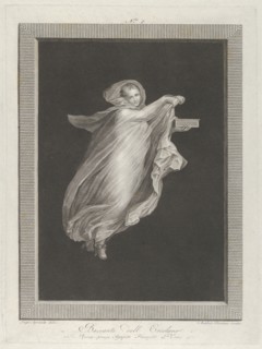 A bacchante wearing a hooded shawl and holding a box in her left hand