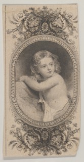 Banknote motif: a child's portrait and two patterned ovals surrounded by a floral f...