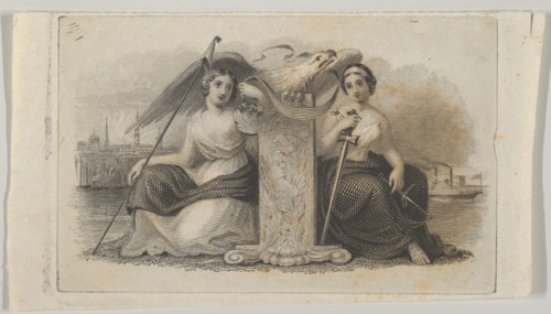 Banknote vignette with female figures representing Liberty and Justice