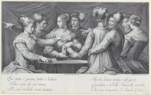 A group of elegantly dressed people playing cards