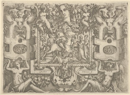 Figure on horseback holding a sword and riding over a figure lying on the ground