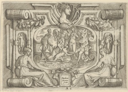 A man and woman offering a platter of coins to a king seated on a throne