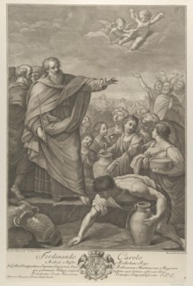 Moses at left with the Israelites who gather manna as it falls from the sky