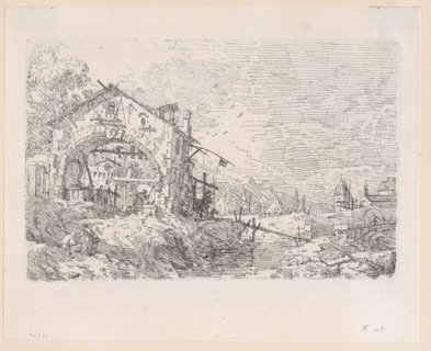 Woman drawing water from a well beneath an arcade at left
