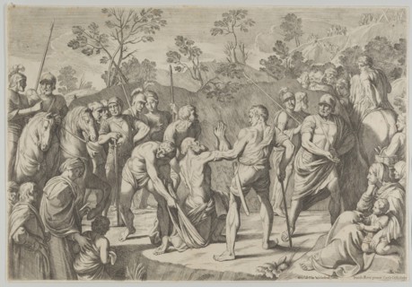 Saint Andrew kneeling in prayer as he is led to the cross