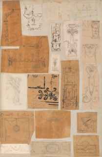 Page from a Scrapbook containing Drawings and Several Prints of Architecture