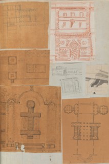 Page from a Scrapbook containing Drawings and Several Prints of Architecture