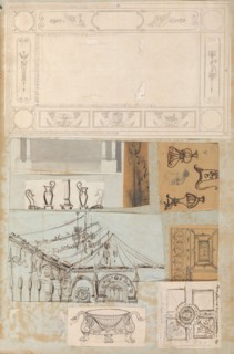 Page from a Scrapbook containing Drawings and Several Prints of Architecture