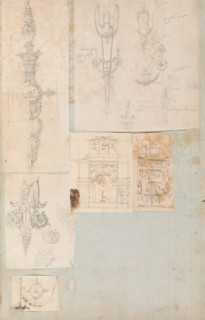 Page from a Scrapbook containing Drawings and Several Prints of Architecture