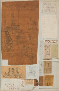 Page from a Scrapbook containing Drawings and Several Prints of Architecture