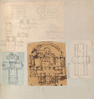 Page from a Scrapbook containing Drawings and Several Prints of Architecture