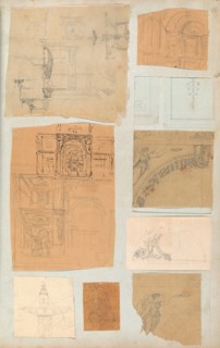 Page from a Scrapbook containing Drawings and Several Prints of Architecture