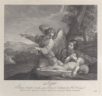 The angel appearing to Hagar in the wilderness as she folds her hands next to the sleep...
