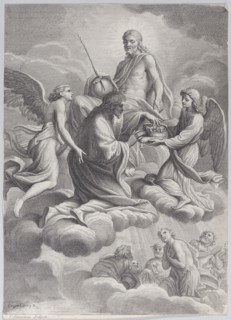 Saint Louis of France received into heaven by Christ and two angels who offer him the c...