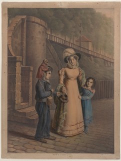 Boy with a monkey on his shoulder receiving coins from a mother and daughter