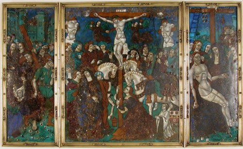 Triptych with The Way to Calvary, Crucifixion, and Descent from the Cross, French, 16th century.