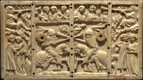 Plaque from a Casket with Jousting Scenes, French, ca. 1320-40.
