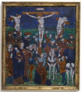 Plaque with the Crucifixion, French, late 15th-early 16th century.  Gestas was on the cross to the left of Jesus and Dismas to the right.