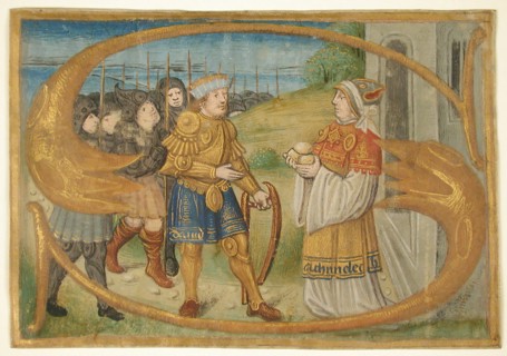Manuscript Leaf Cutting Probably from a Missal with an Illuminated Initial S and King David Receiving the Holy Bread from Ahimelech the Priest., French, late 15th century.