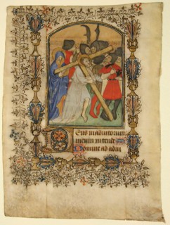 Manuscript Leaf from a Book of Hours Showing an Illuminated Initial D and Christ Bearing the Cross, French, 1390-1400.